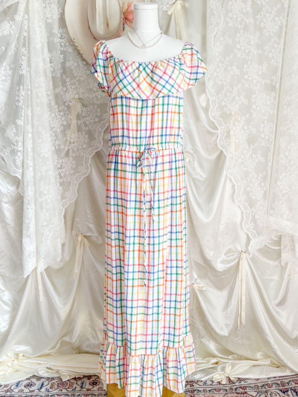 Rainbow Plaid Prairie Maxi Dress Cottagecore Picnic Sundress - Picture 4 of 6
